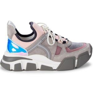 SALVATORE FERRAGAMO Suede Colorblock Pattern Chunky Sneakers